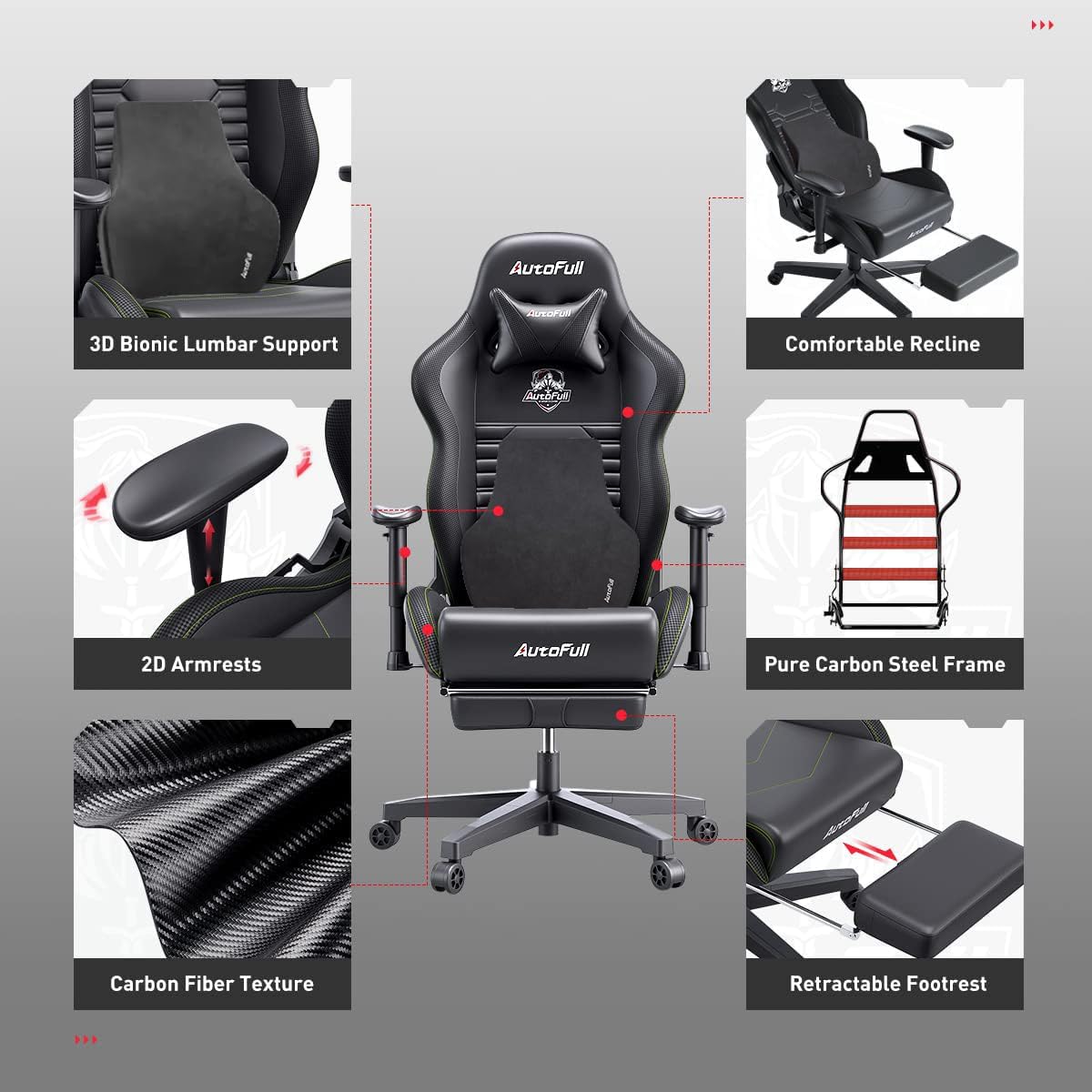 AutoFull Silla Gaming Silla Gamer Ergonómica Silla de Oficina Cuero de PU Silla de Escritorio,Altura e inclinación Ajustables,Reposacabezas y Soporte Lumbar,Reposapiés, (Gris)