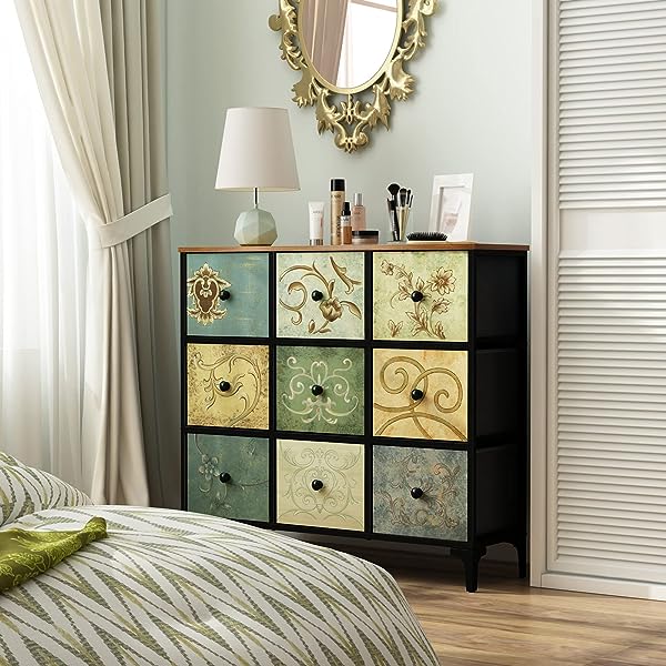 Cómoda con 9 cajones, cómoda de almacenamiento alta para recámara, cómoda moderna para clóset, sala de estar, pasillo, parte superior de madera, cajón de tela