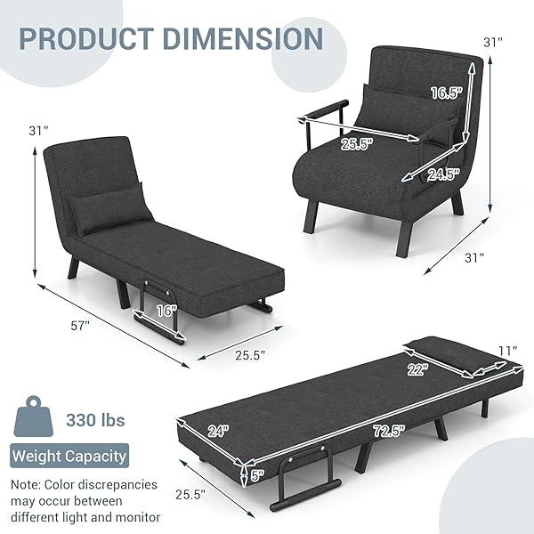 Silla convertible, 4 en 1, silla de lectura para sala de estar con almohada, brazo y respaldo ajustable de 5 posiciones, sofá cama individual, color café Marrón