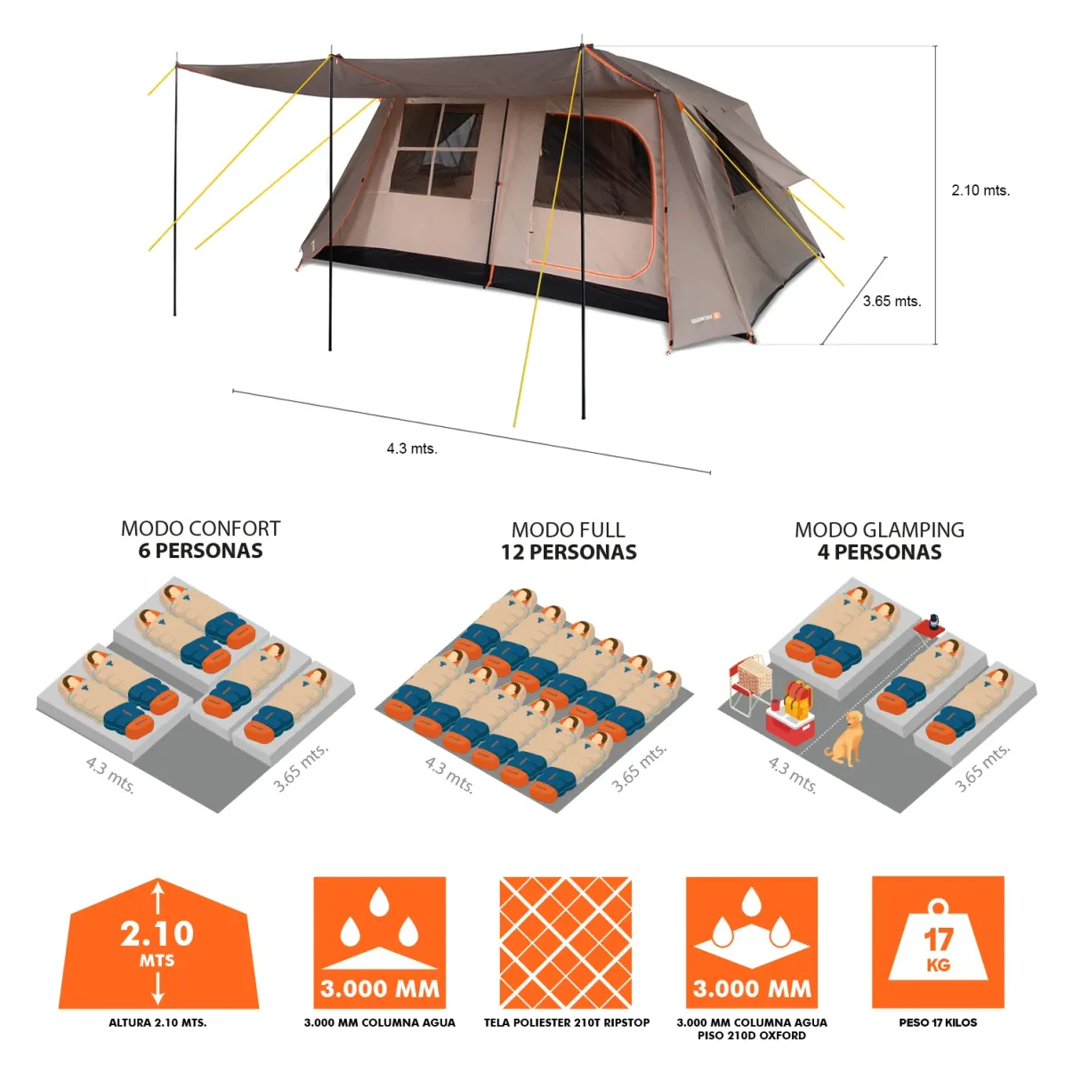 Carpa Quintay 12 Personas Bosscamp 3000 Mm Cubre Techo Largo Toldo Extendido