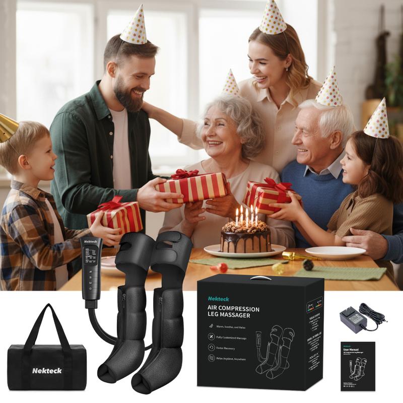 Masajeador de piernas Nekteck con vendas de compresión de aire y terapia de compresión térmica. Alivia el dolor muscular y mejora la circulación sanguínea para una relajación total de las piernas. Regalo ideal para el Día de la Madre.