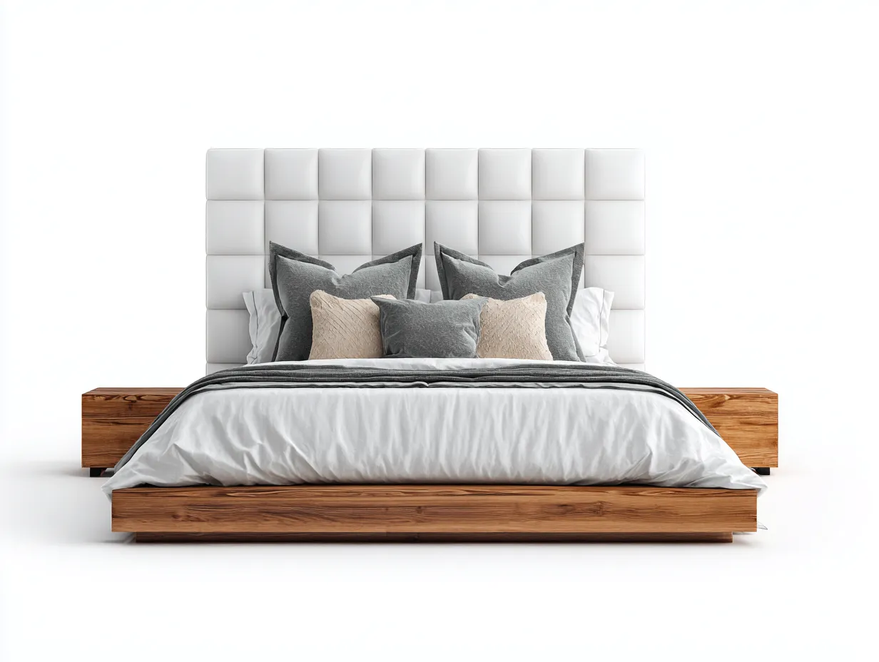 Doppelbett - Kunstleder-Holz-Metall - 216 x 198 x 118 cm - Weiß-Naturholz - Moderner Stil-Loftuplab