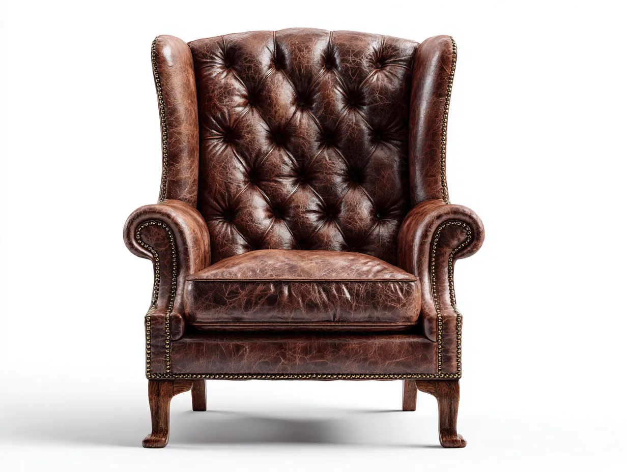 Ohrensessel - Leder Holz - 84 x 92 x 113 cm - Vintage Braun - Chesterfield Stil mit hoher Rückenlehne-Loftuplab