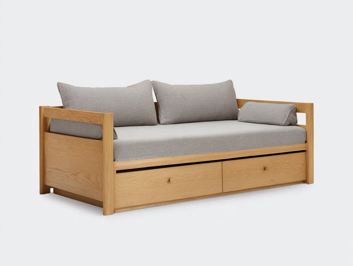 Schlafsofa - Holz-Stoff - 208 x 91 x 86 cm - Eiche Natur-Grau - Modernes Design mit Stauraumschubladen-Loftuplab