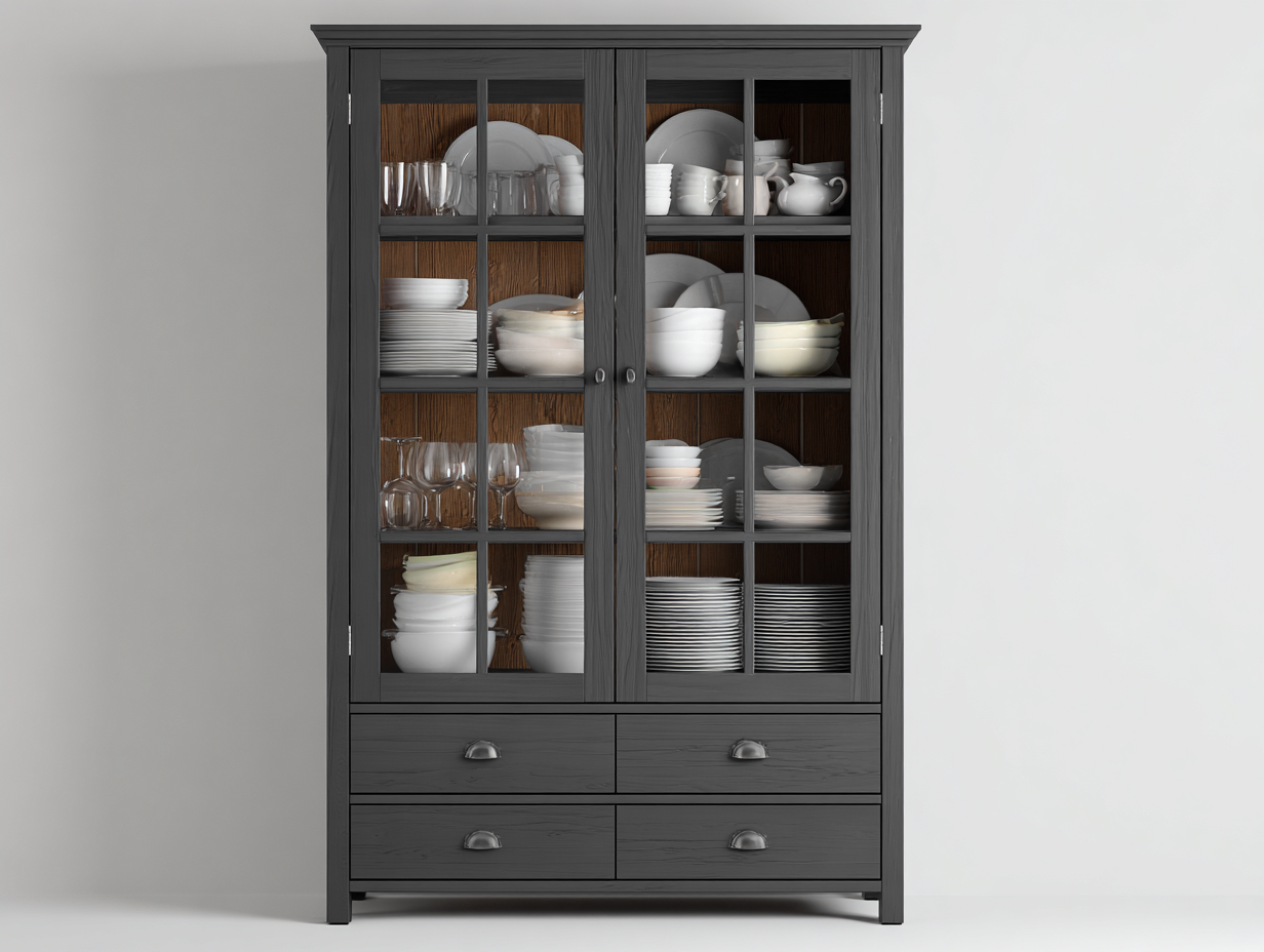 Vitrina madera con 2 puertas de vidrio y 4 cajones estilo clásico moderno 100x45x200 cm - gris - mueble de almacenamiento y exhibición-Pinemyden