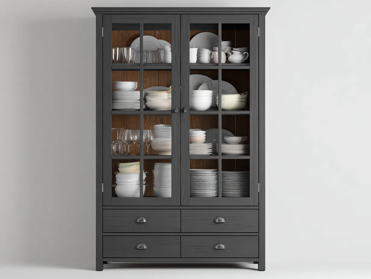 Vitrina madera con 2 puertas de vidrio y 4 cajones estilo clásico moderno 100x45x200 cm - gris - mueble de almacenamiento y exhibición-Pinemyden