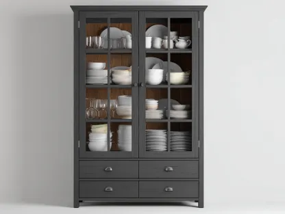 Vitrina madera con 2 puertas de vidrio y 4 cajones estilo clásico moderno 100x45x200 cm - gris - mueble de almacenamiento y exhibición-Pinemyden