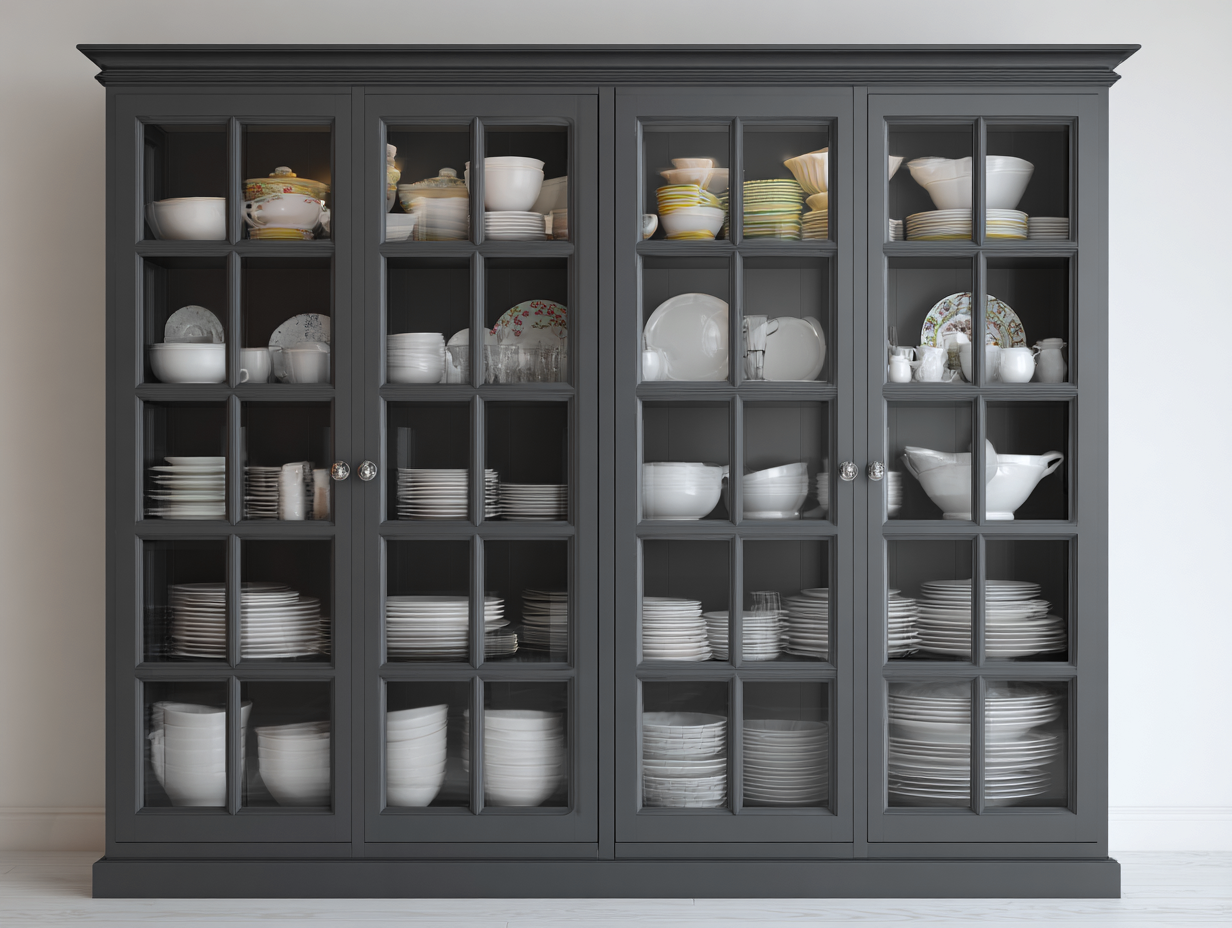 Vitrina madera con 4 puertas de vidrio diseño clásico elegante 200x45x210 cm - gris - vitrina de almacenamiento y exhibición-Pinemyden