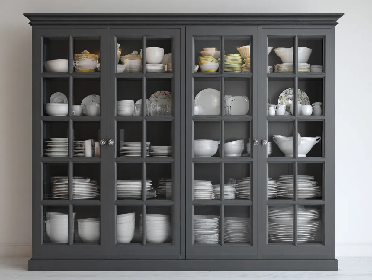 Vitrina madera con 4 puertas de vidrio diseño clásico elegante 200x45x210 cm - gris - vitrina de almacenamiento y exhibición-Pinemyden