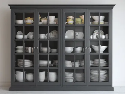 Vitrina madera con 4 puertas de vidrio diseño clásico elegante 200x45x210 cm - gris - vitrina de almacenamiento y exhibición-Pinemyden