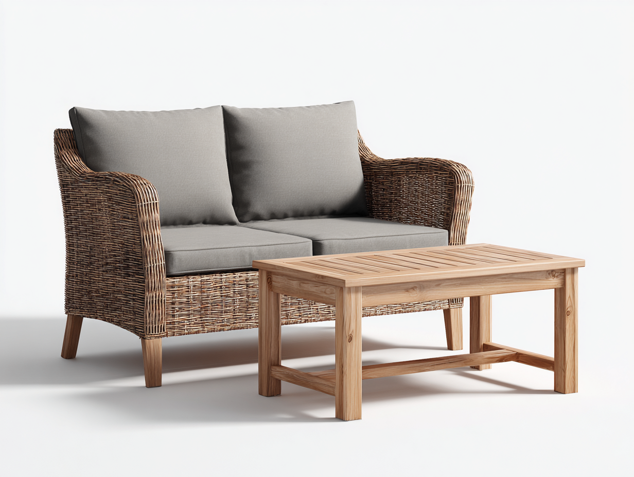 Sofás de jardín ratán natural 2 plazas con cojines y mesa de centro 120x70x85 cm - marrón - conjunto exterior para jardín-Pinemyden