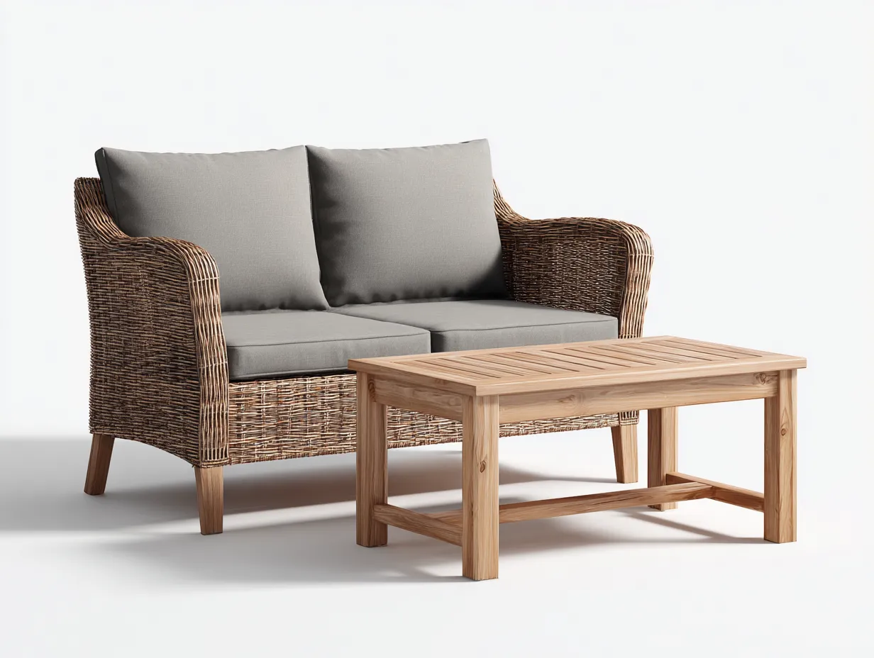 Sofás de jardín ratán natural 2 plazas con cojines y mesa de centro 120x70x85 cm - marrón - conjunto exterior para jardín-Pinemyden