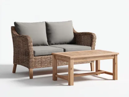 Sofás de jardín ratán natural 2 plazas con cojines y mesa de centro 120x70x85 cm - marrón - conjunto exterior para jardín-Pinemyden