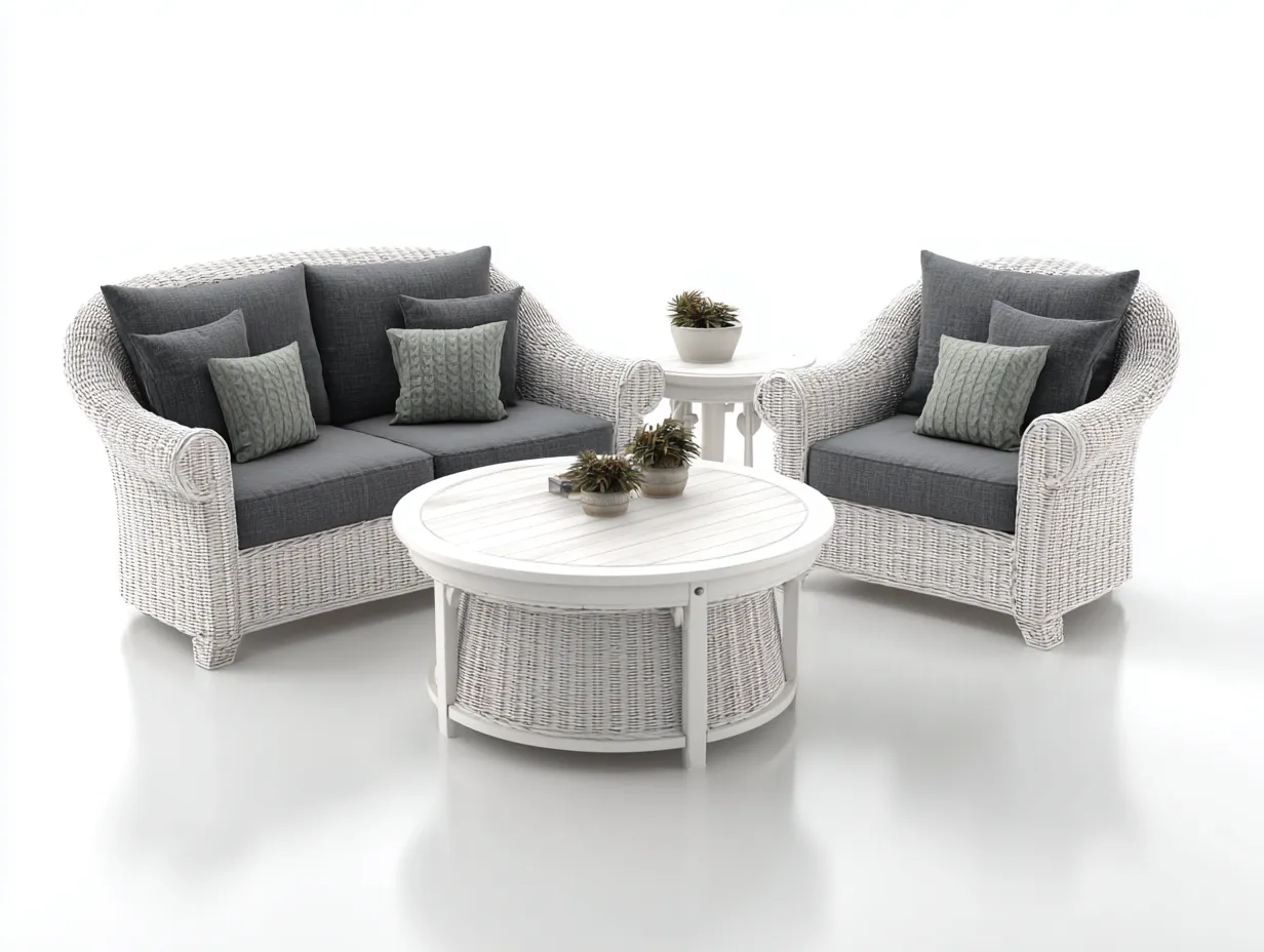 Sofás de jardín ratán sintético y cojines tela 200x85x85 cm blanco para exterior - diseño moderno-Pinemyden