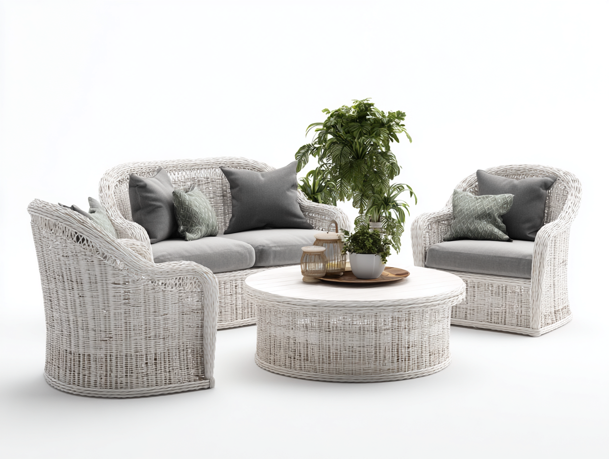 Sofás de jardín conjunto de sofá exterior con mesa redonda 210x85x78 cm - Blanco - Estilo natural para terraza-Pinemyden