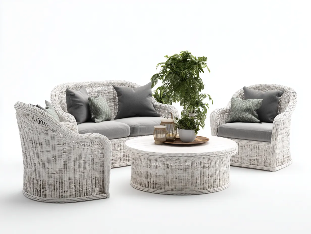 Sofás de jardín conjunto de sofá exterior con mesa redonda 210x85x78 cm - Blanco - Estilo natural para terraza-Pinemyden