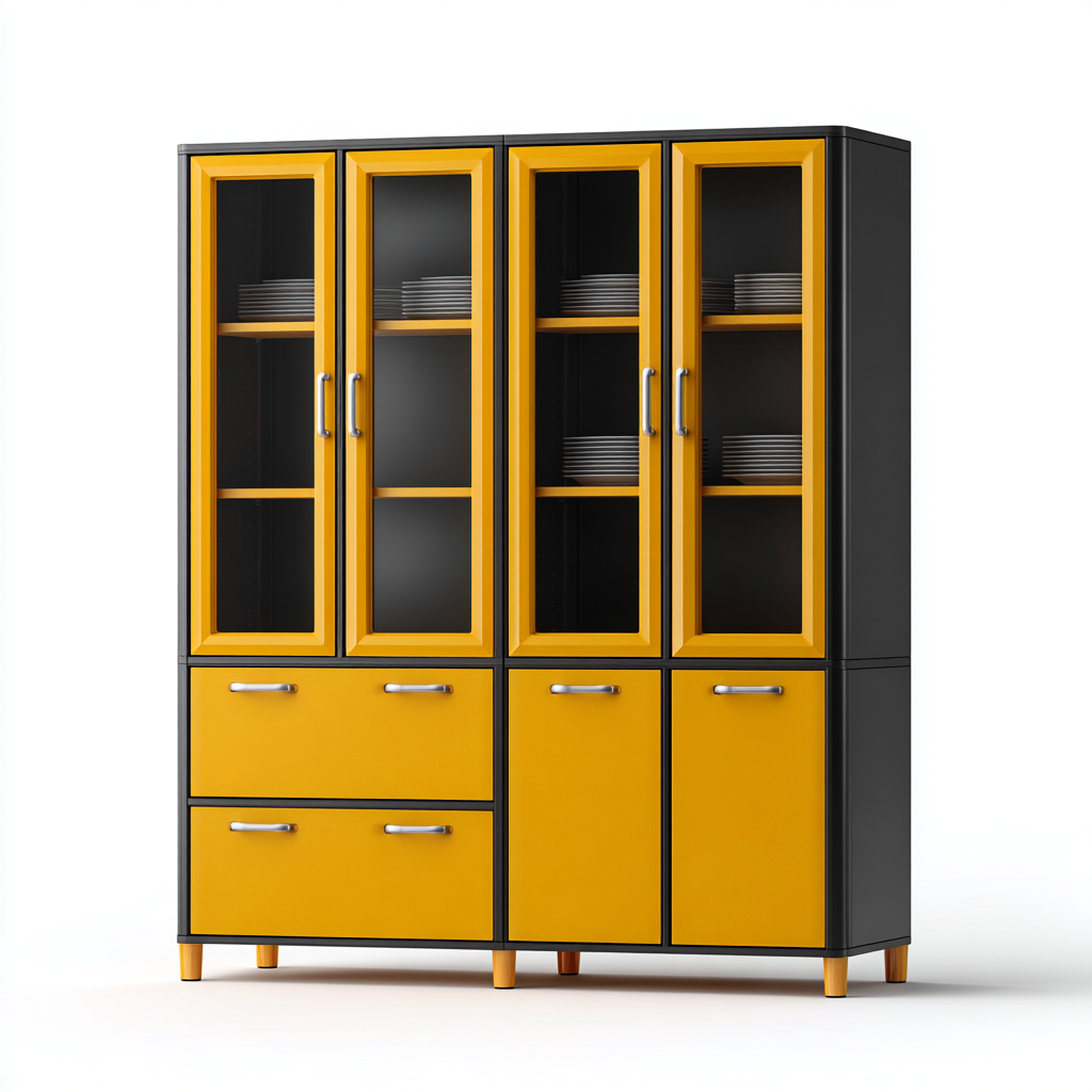 Armadietti da cucina con ante in vetro e cassetti 120x40x200 cm - giallo-nero - per cucina - design moderno-Roommyloft