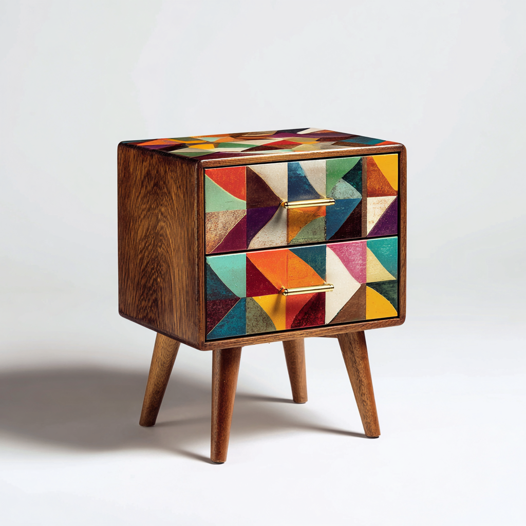 Comodino in legno 45x35x55 cm - marrone-multicolore - comodino con due cassetti decorativi dal design artistico-Roommyloft