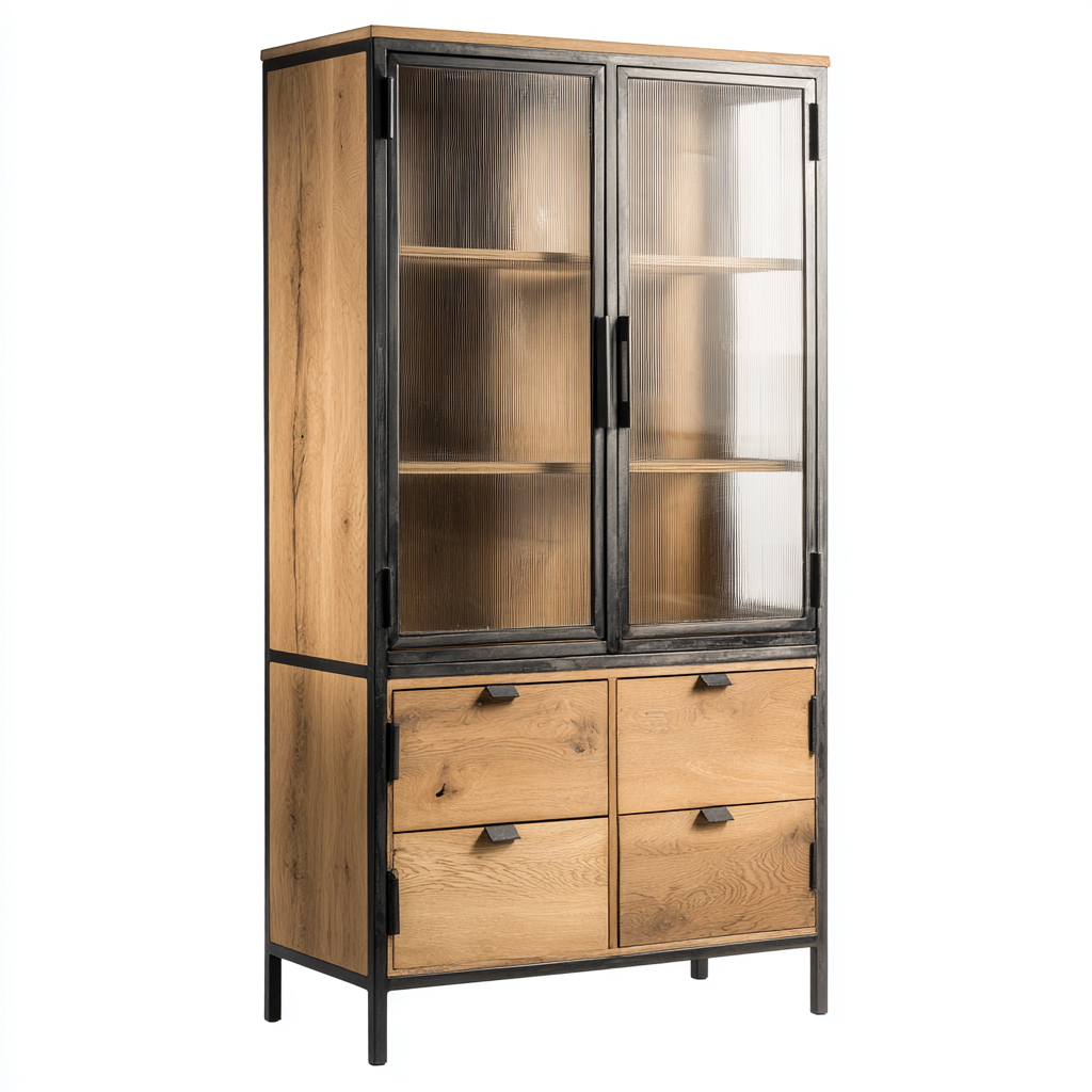 Vetrina con ante in vetro e cassetti 90x40x190 cm - rovere e nero - mobile espositivo per soggiorno-Roommyloft