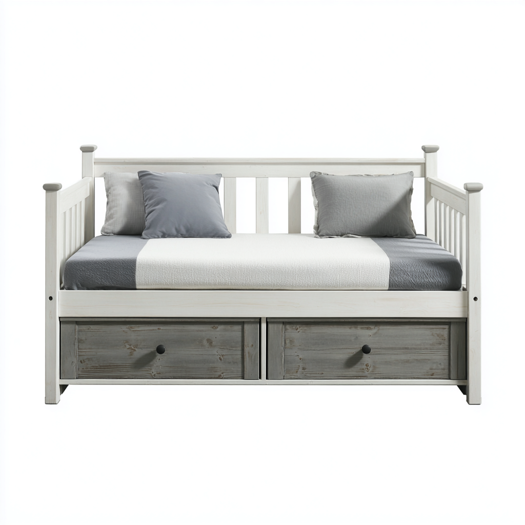 Divano letto in legno 200x90x80 cm - bianco-grigio - divano letto con due cassetti integrati per camera o soggiorno-Roommyloft