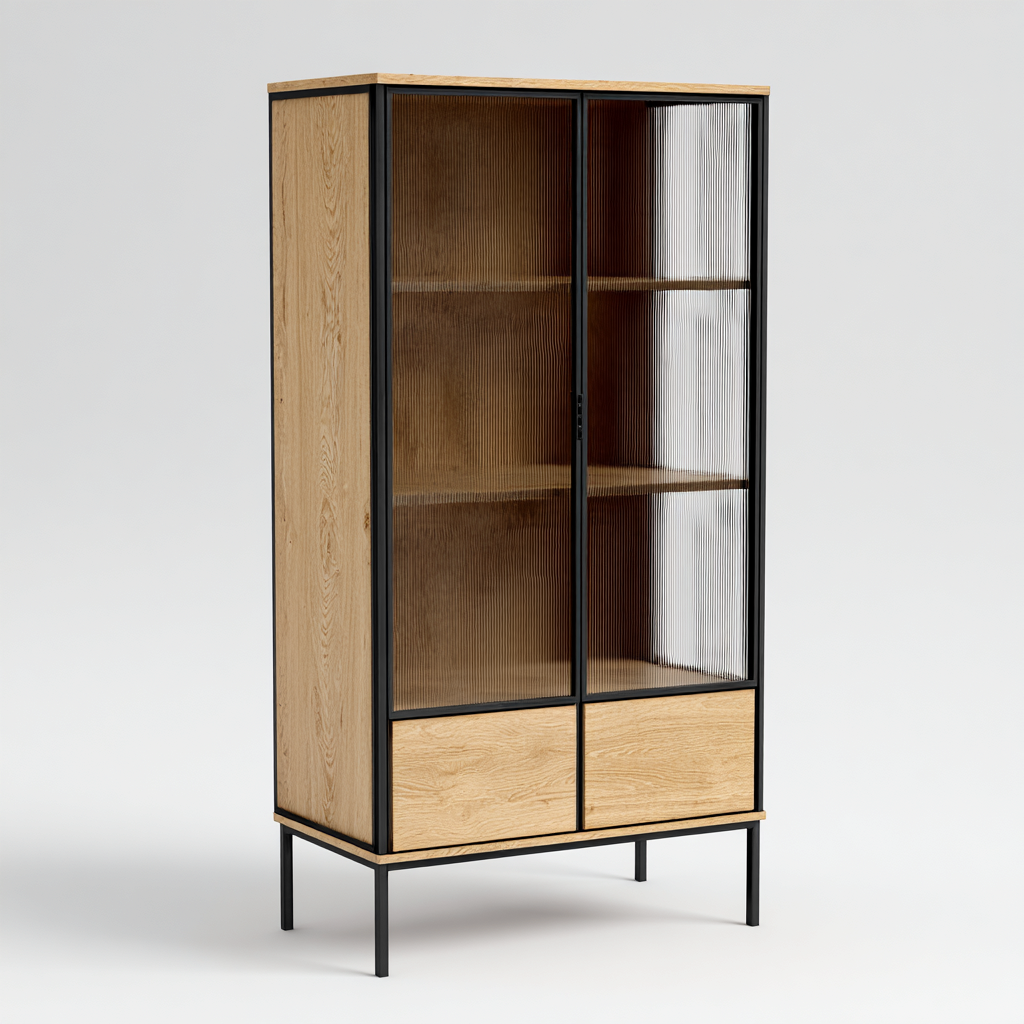 Vetrina in legno e vetro 90x40x180 cm - rovere naturale-nero - design moderno per soggiorno-Roommyloft