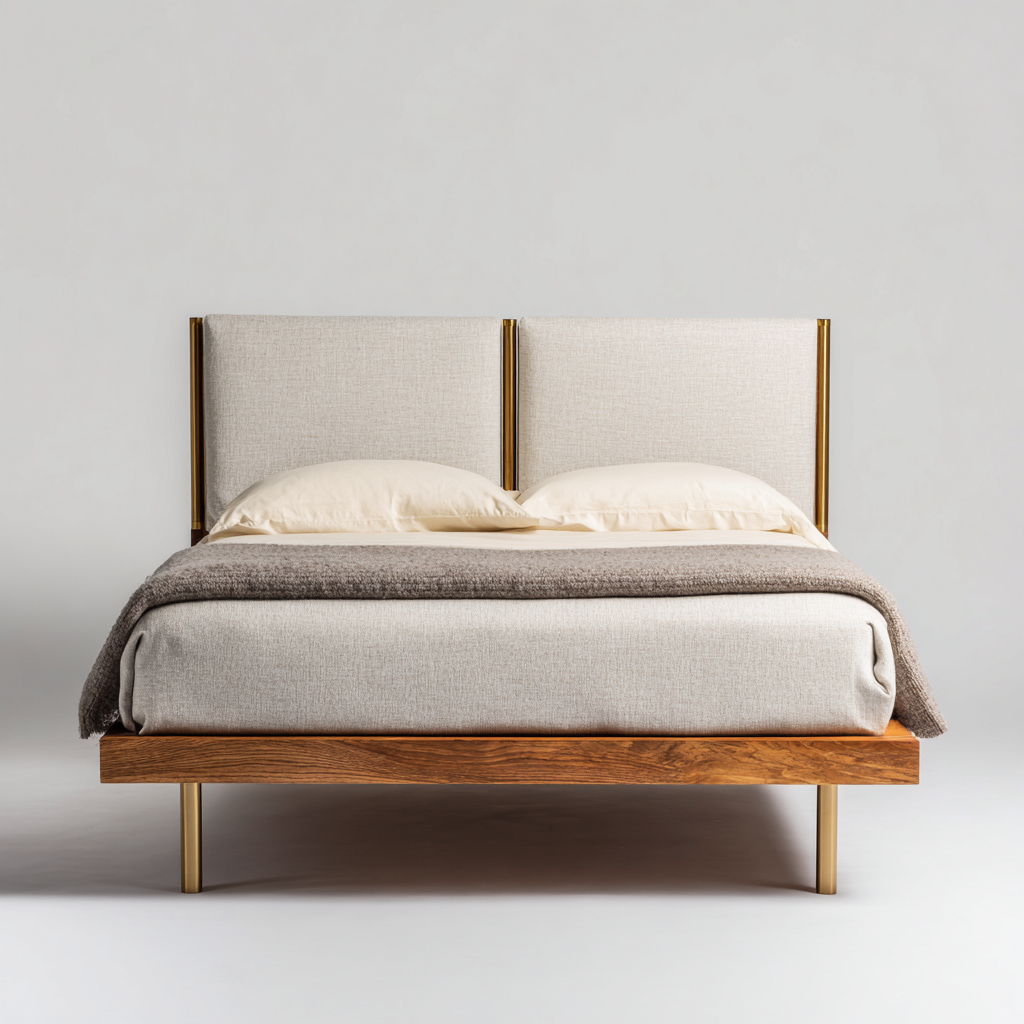 Letto matrimoniale imbottito tessuto 200x160x105 cm - beige e legno - design moderno-Roommyloft
