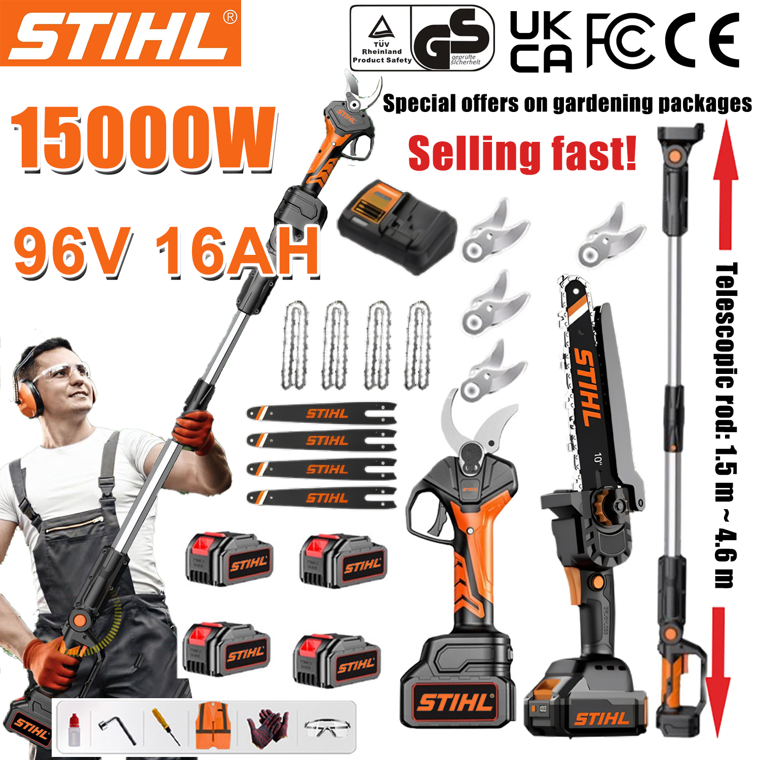 Elektrická motorová pila/zastřihovač STIHL 10 palců, bezkartáčová lithium-iontová, 15 000 W