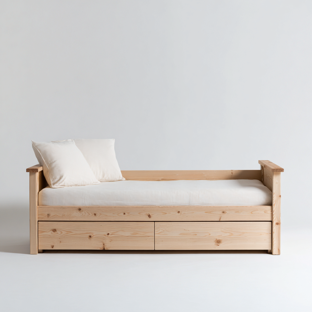 Divano letto in legno con cassetti 200x90x75 cm - legno naturale - design nordico per soggiorno-Nestgetnest
