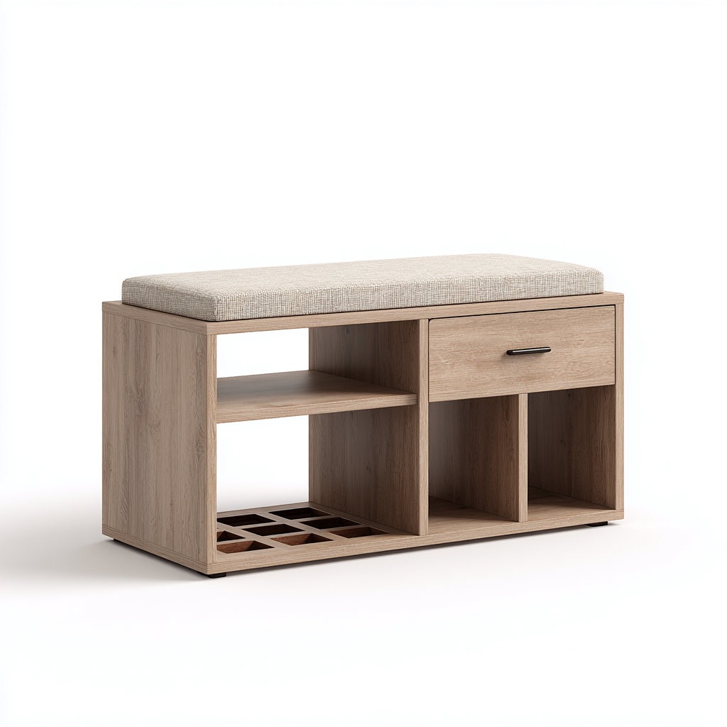 Scarpiera con seduta imbottita e cassetto 90x35x45 cm - legno chiaro - design moderno per ingresso-Nestgetnest