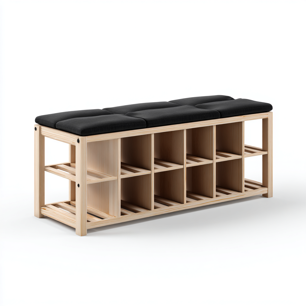 Scarpiera in legno con seduta imbottita 100x35x45 cm - legno naturale-nero - design moderno per ingresso-Nestgetnest