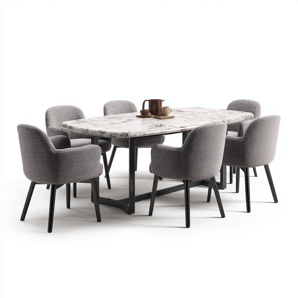 Tavolo e sedie in marmo e tessuto 180x90x75 cm - grigio-nero - stile contemporaneo per sala da pranzo-Nestgetnest