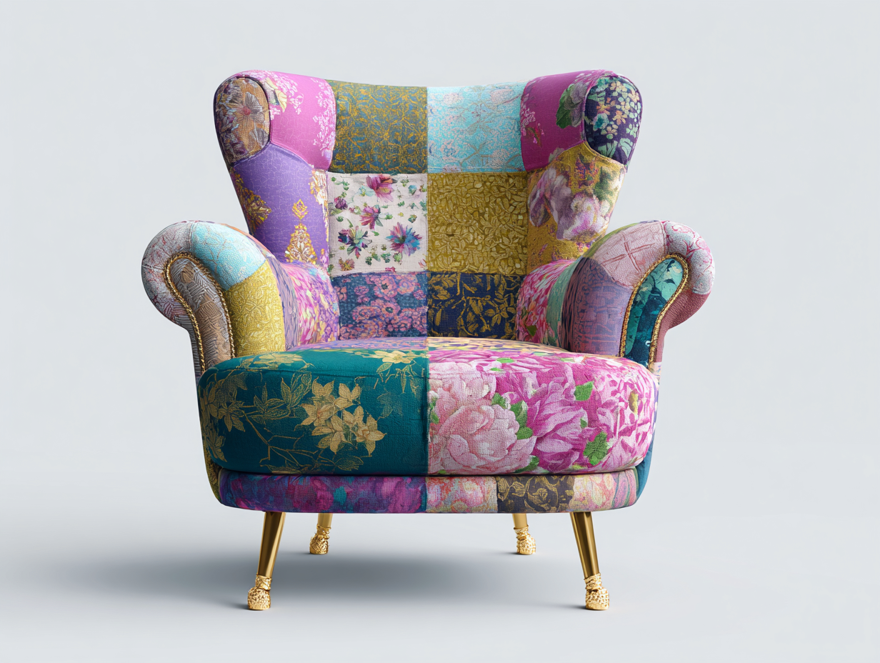 Sillón tapizado tela patchwork 80x85x100 cm - multicolor - estilo vintage para salón-Craftmyloft