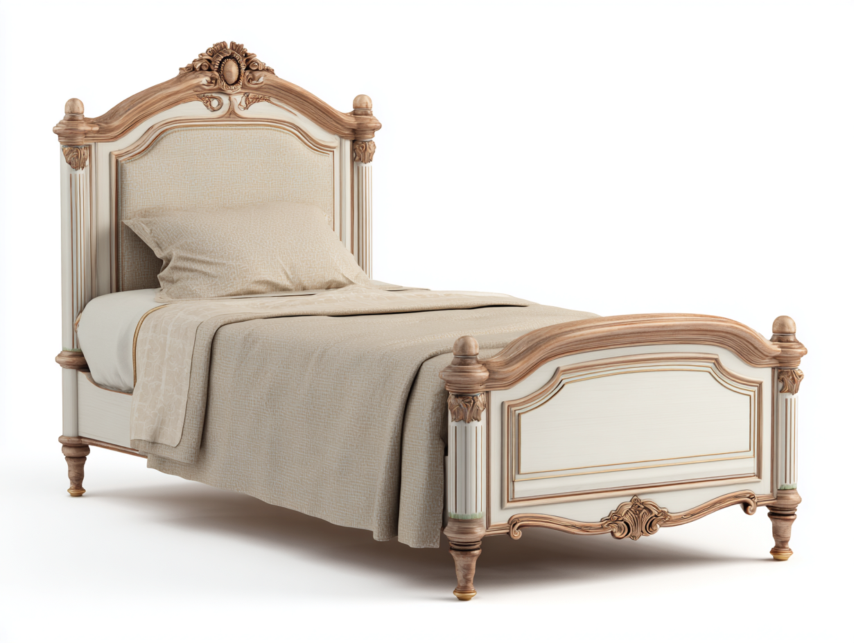 Cama individual estructura de madera 200x100x110 cm - blanco y marrón - cabecero decorativo - estilo clásico-Craftupshop