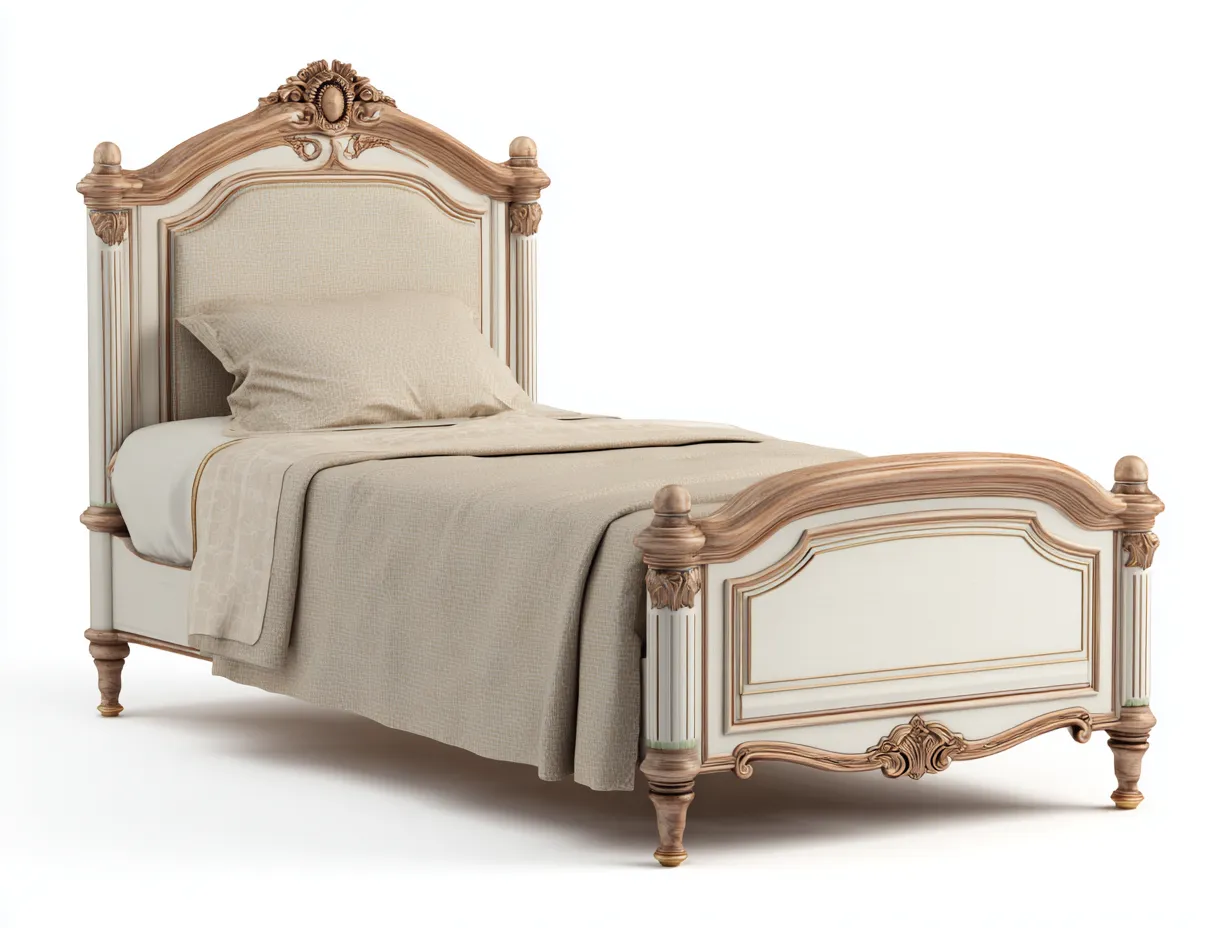 Cama individual estructura de madera 200x100x110 cm - blanco y marrón - cabecero decorativo - estilo clásico-Craftupshop