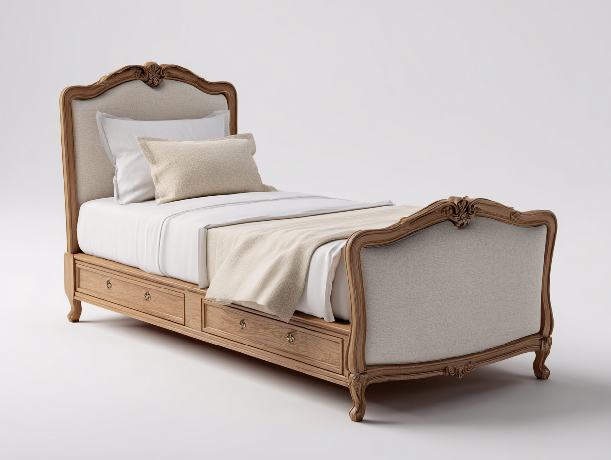 Camas individuales de madera con tapizado y cajones 200x100x110 cm - Beige-Marrón - Estilo clásico para dormitorio-Craftupshop