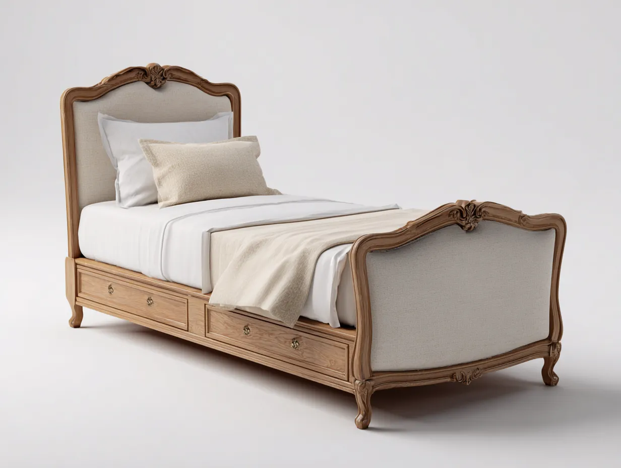 Camas individuales de madera con tapizado y cajones 200x100x110 cm - Beige-Marrón - Estilo clásico para dormitorio-Craftupshop