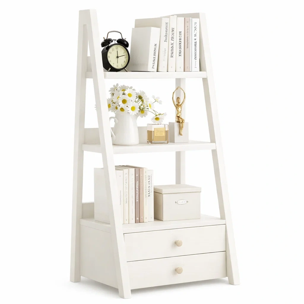 Modern Ladder Shelf With Storage Drawers-Kestaro