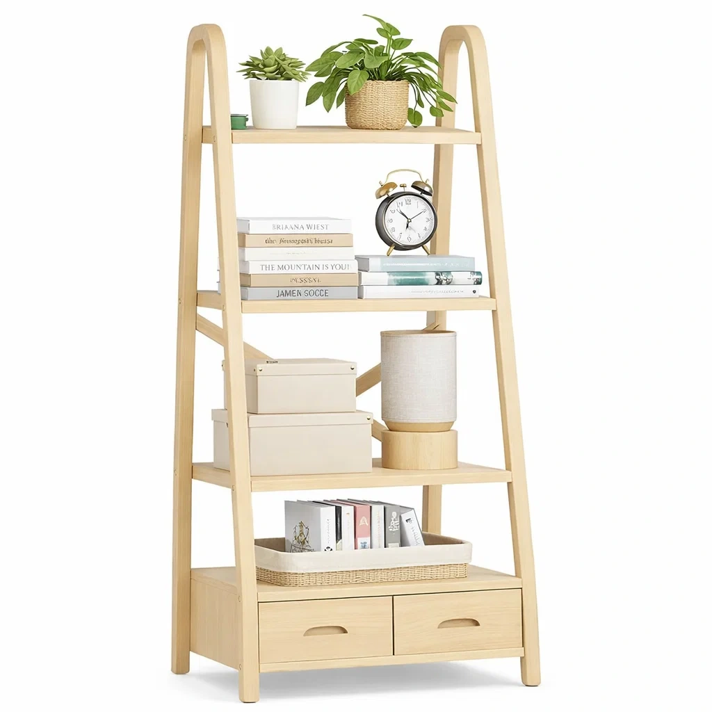 Natural Wood Ladder Storage Shelf With Drawers-Kestaro