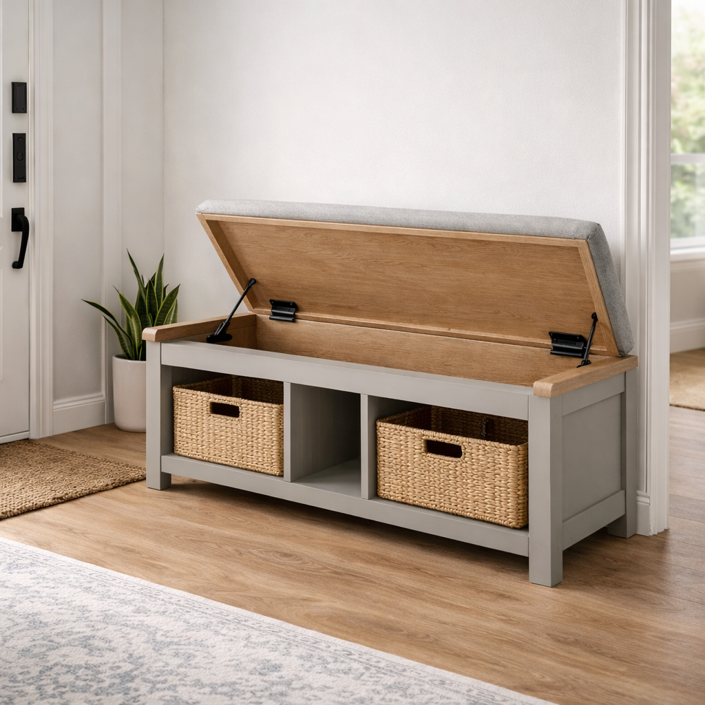 Aufbewahrungsbank aus eichenholz und polyester hellgrau mit 2 rattankörben-NESTTRENDZONE