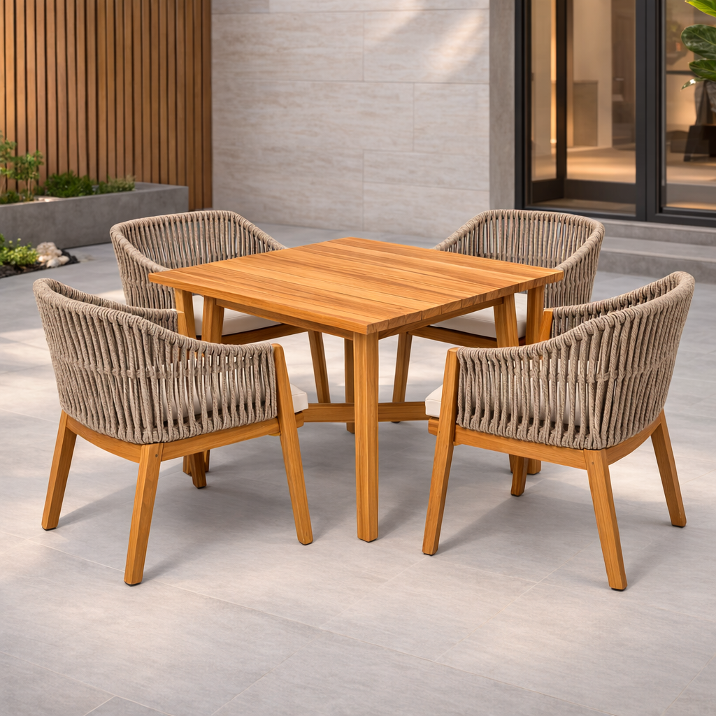 Esstisch set mit stühlen teak und aluminium natur teak beige-DECORTRENDZONE