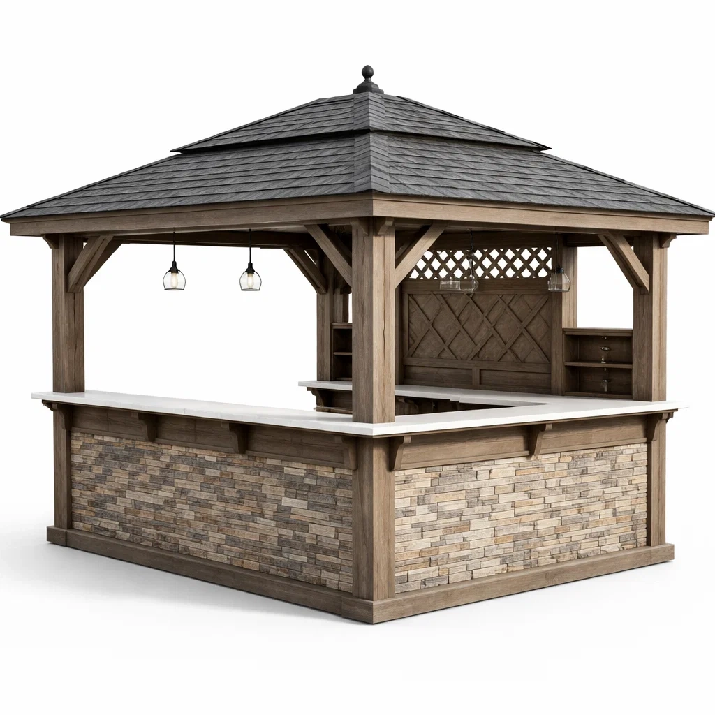 Gartenpavillon aus holz und naturstein mit dachschindeln und led beleuchtung 350x350 cm-DECORTRENDZONE