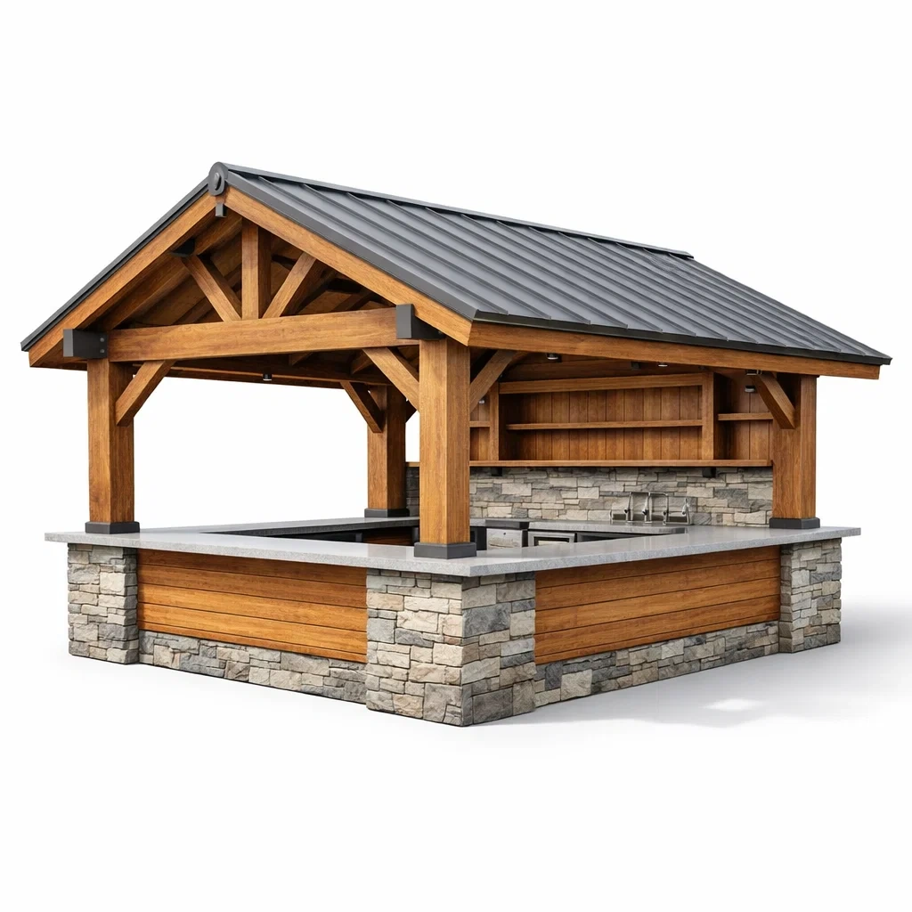 Gartenpavillon aus holz aluminium und naturstein braun grau 300x400x350 cm-DECORTRENDZONE