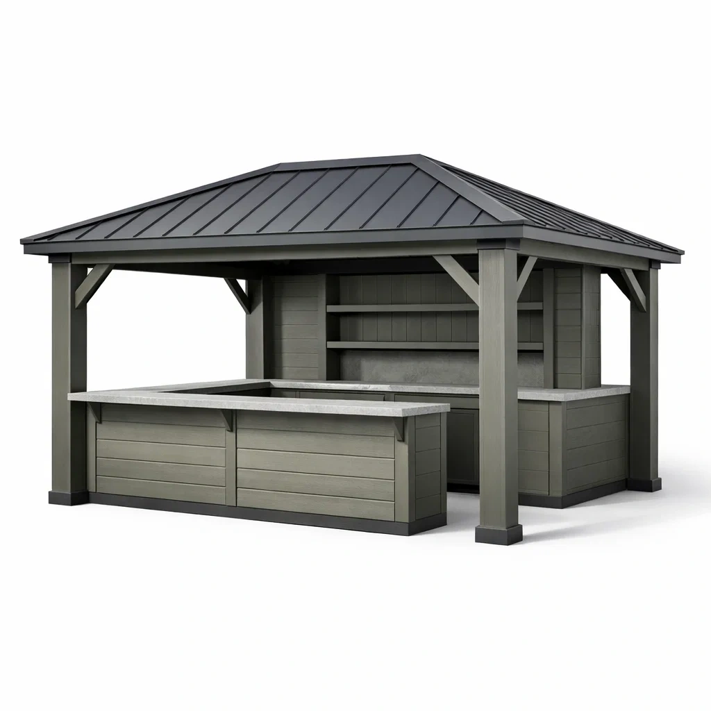 Gartenpavillon aus holz und metall mit arbeitsfläche und regalen grau 350x300x250 cm-DECORTRENDZONE