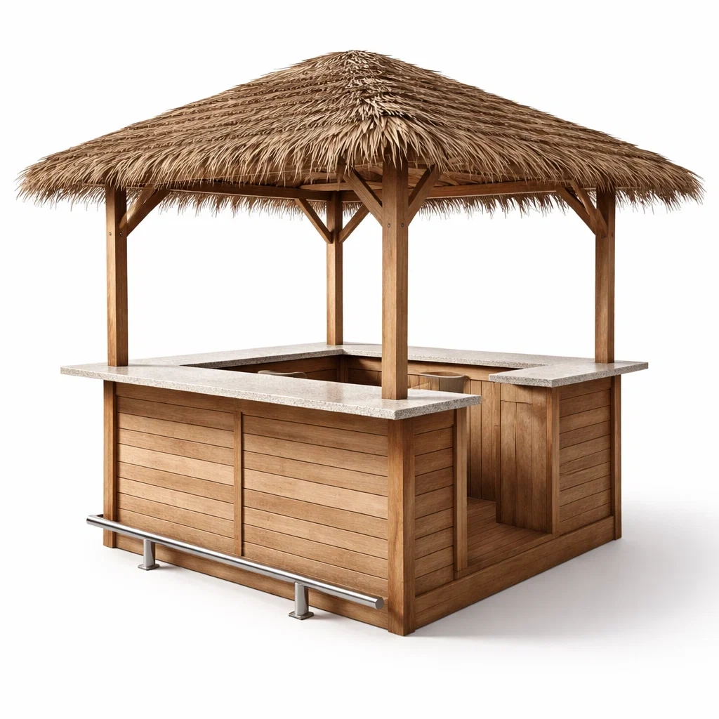 Gartenpavillon tiki bar aus holz mit strohdach und beton arbeitsfläche-DECORTRENDZONE