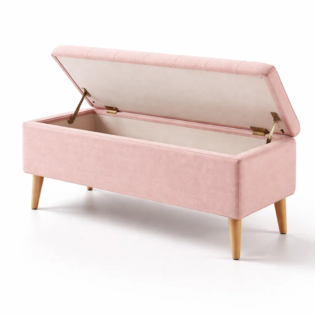 Aufbewahrungsbank gepolstert mit leinenbezug rosa und holzbeinen-DECORTRENDZONE