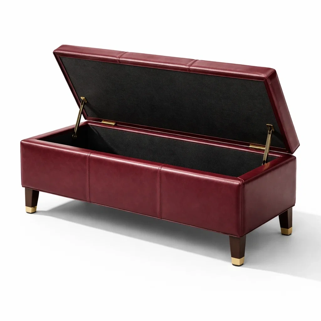 Aufbewahrungsbank aus kunstleder bordeaux mit holzfüßen 120 cm-DECORTRENDZONE