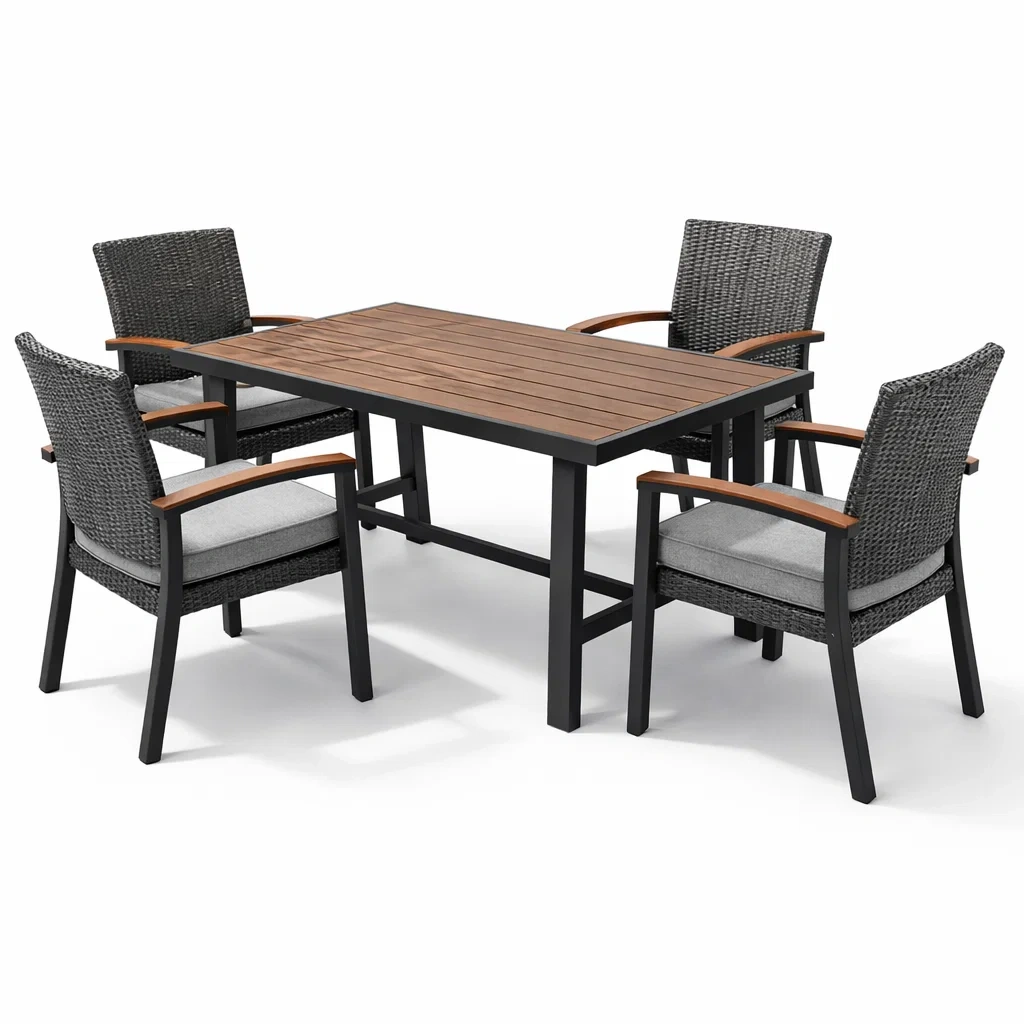 Esstisch set mit stühlen aluminium tisch teak mit 4 polyrattan stühlen grau-DECORTRENDZONE