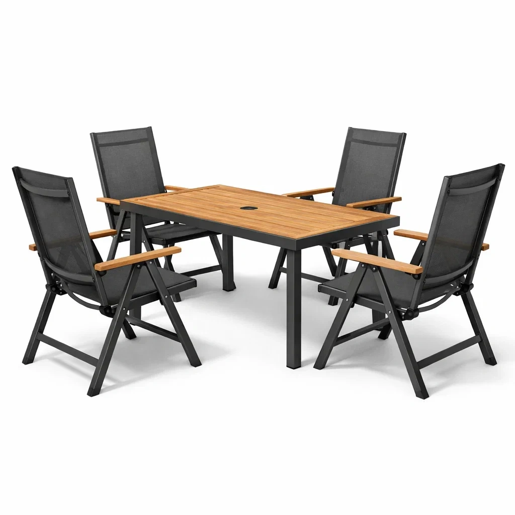 Esstisch set mit stühlen aluminium holzoptik tisch und 4 stühle klappbar natur schwarz-DECORTRENDZONE