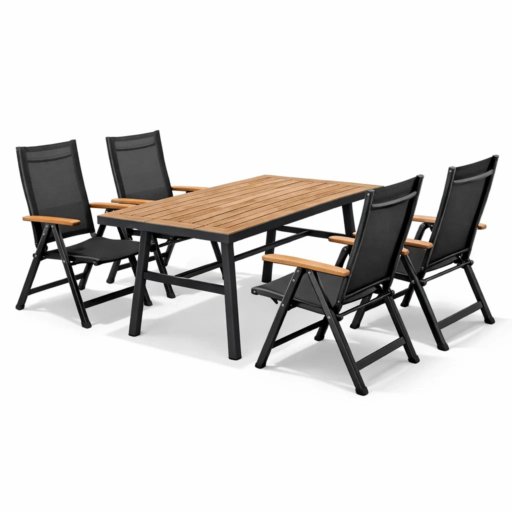 Esstisch set mit stühlen aluminium holz klapptisch und klappstühle schwarz 150x90x74 cm-DECORTRENDZONE