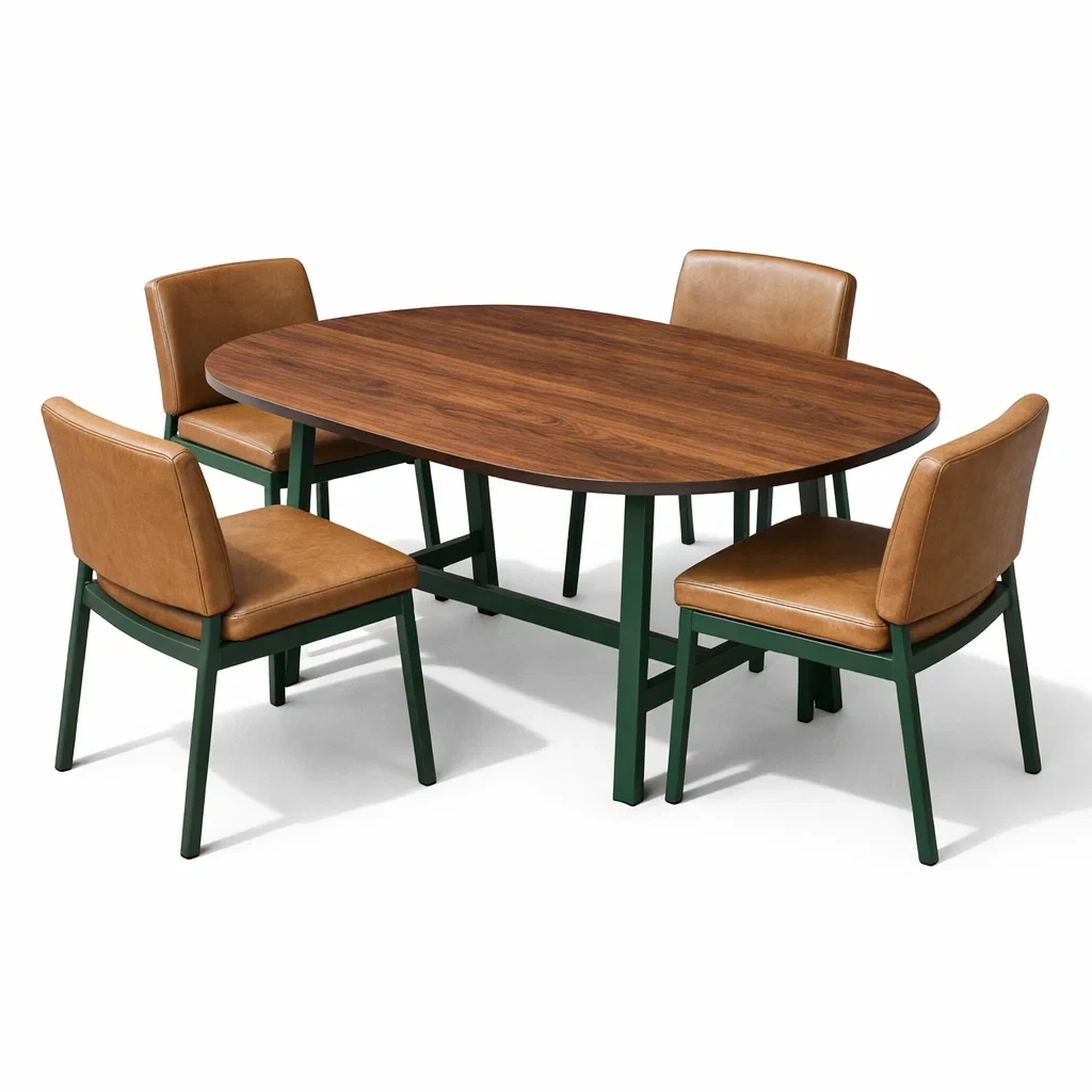 Esstisch set mit stühlen holzfurnier pu leder dunkelgrün braun-DECORTRENDZONE